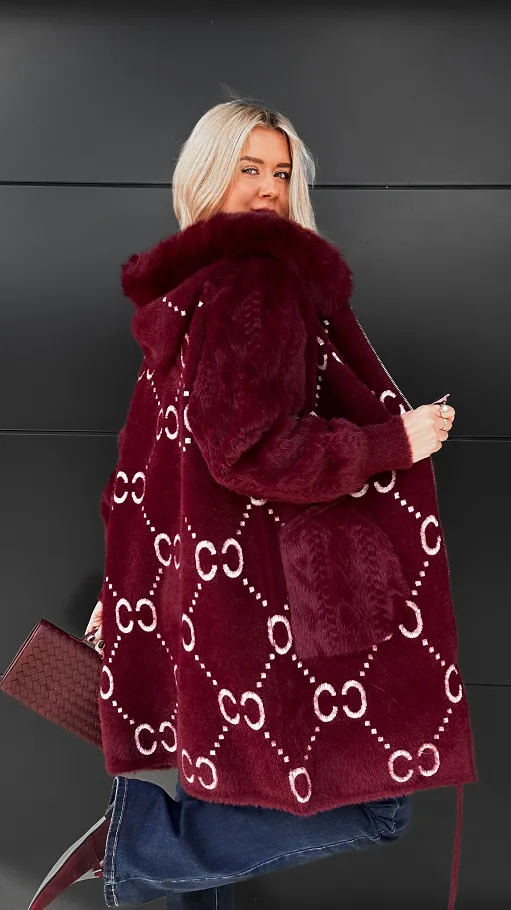 Idealny wełniany płaszcz ALPAKA z kapturem i futerkiem ONE SIZE bordo - R120