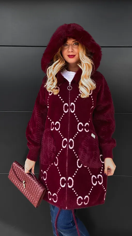 Idealny wełniany płaszcz ALPAKA z kapturem i futerkiem ONE SIZE bordo - R120