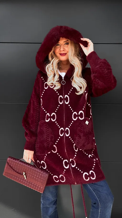 Idealny wełniany płaszcz ALPAKA z kapturem i futerkiem ONE SIZE bordo - R120