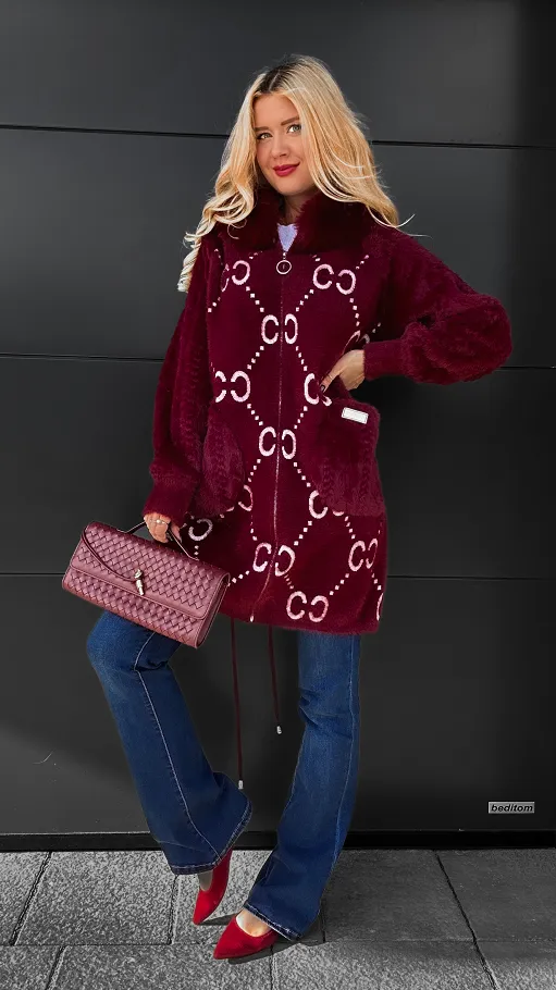 Idealny wełniany płaszcz ALPAKA z kapturem i futerkiem ONE SIZE bordo - R120