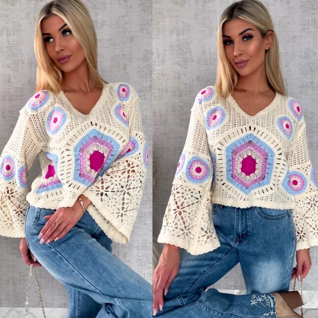 Mega modny ażurowy sweterek w szydełkowym stylu BLUE - R659