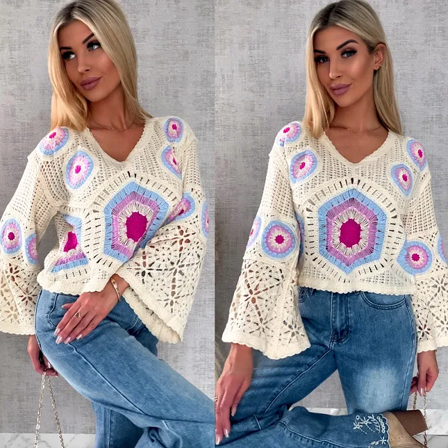 Mega modny ażurowy sweterek w szydełkowym stylu BLUE - R659