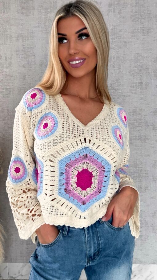 Mega modny ażurowy sweterek w szydełkowym stylu BLUE - R659