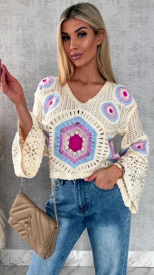 Mega modny ażurowy sweterek w szydełkowym stylu BLUE - R659