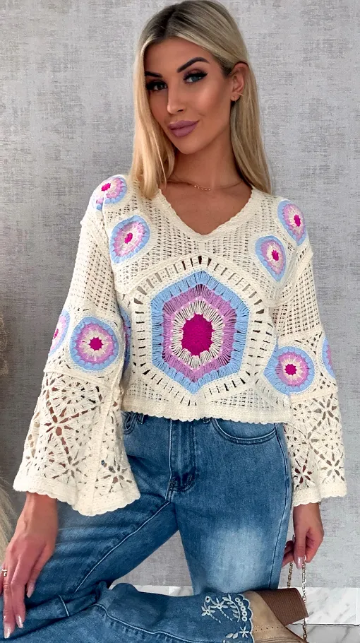 Mega modny ażurowy sweterek w szydełkowym stylu BLUE - R659