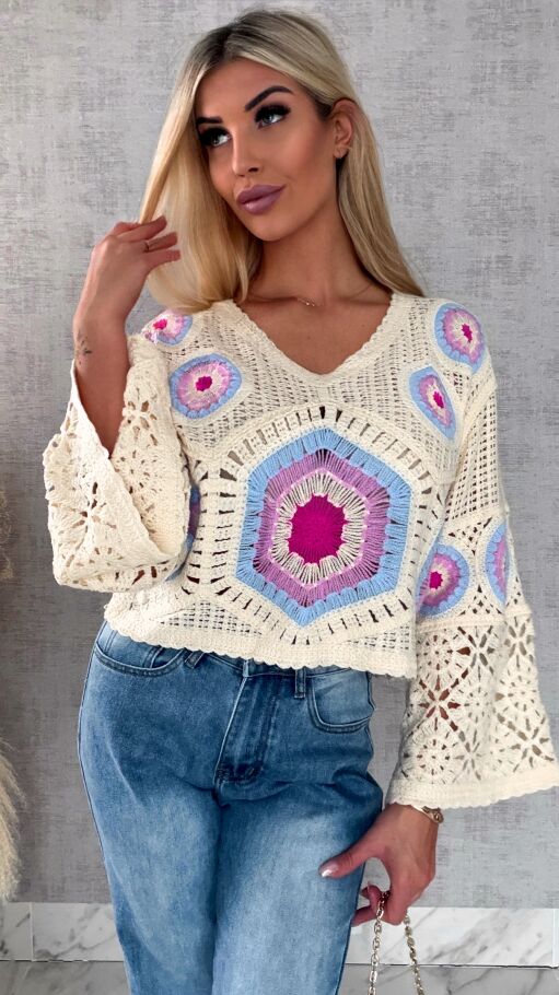 Mega modny ażurowy sweterek w szydełkowym stylu BLUE - R659