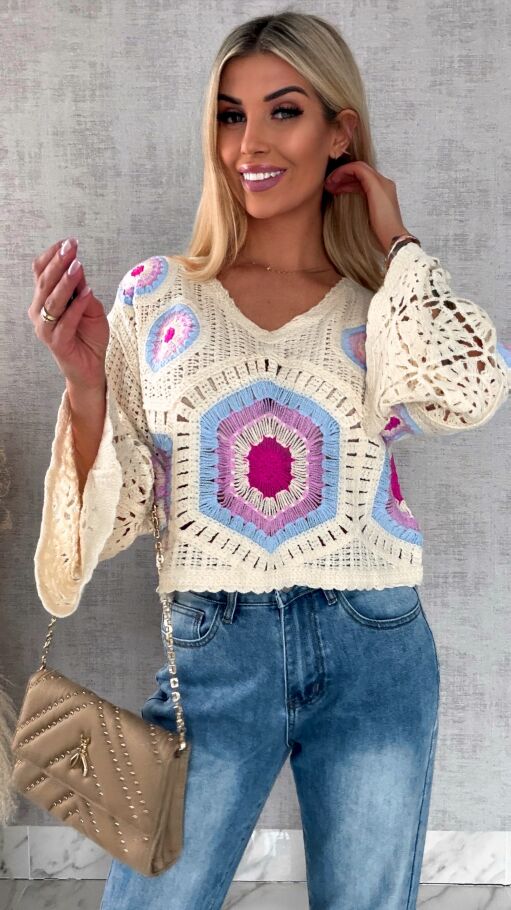 Mega modny ażurowy sweterek w szydełkowym stylu BLUE - R659