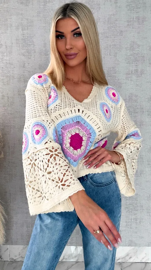 Mega modny ażurowy sweterek w szydełkowym stylu BLUE - R659