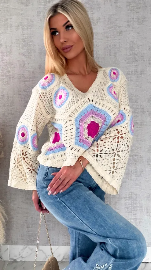 Mega modny ażurowy sweterek w szydełkowym stylu BLUE - R659