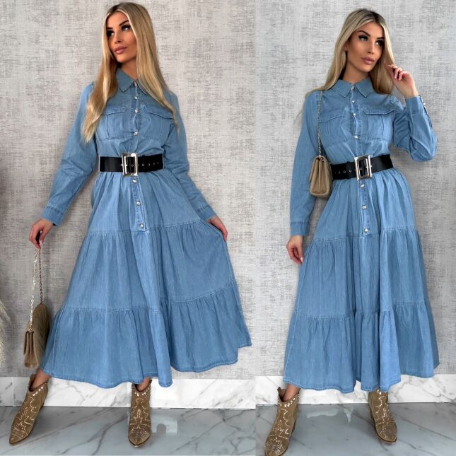 Miękka MAXI sukienka jeansowa z czarnym paskiem - P711