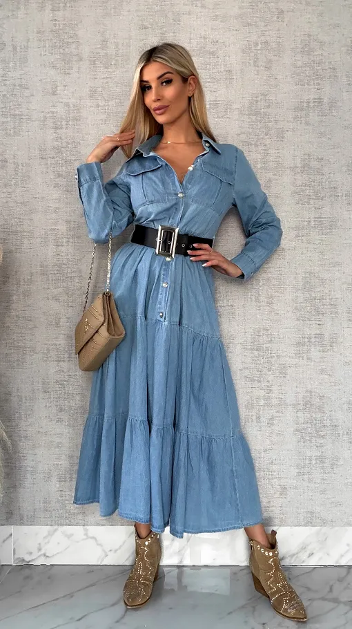 Miękka MAXI sukienka jeansowa z czarnym paskiem - P711