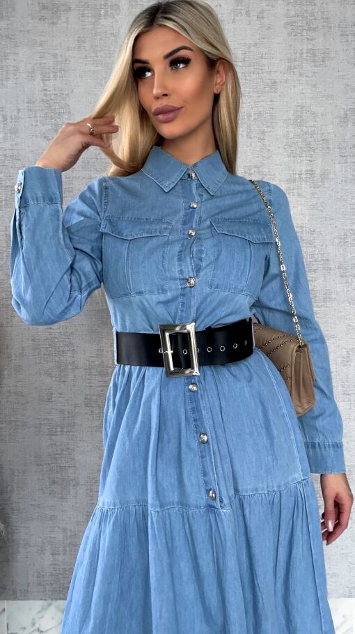 Miękka MAXI sukienka jeansowa z czarnym paskiem - P711