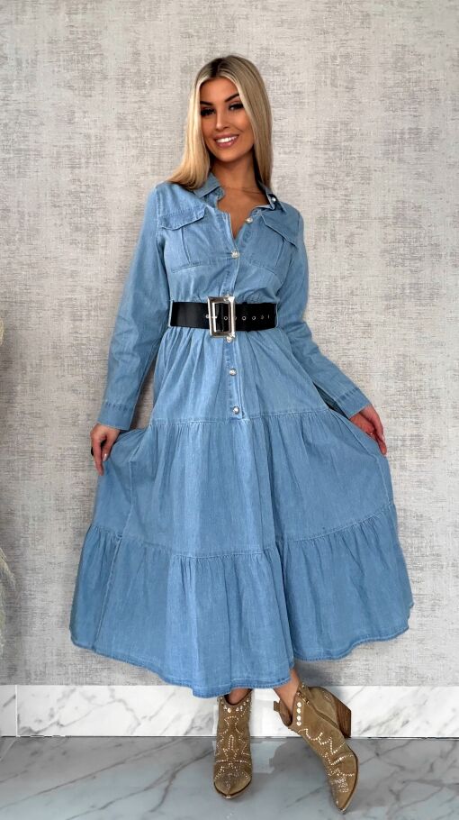 Miękka MAXI sukienka jeansowa z czarnym paskiem - P711