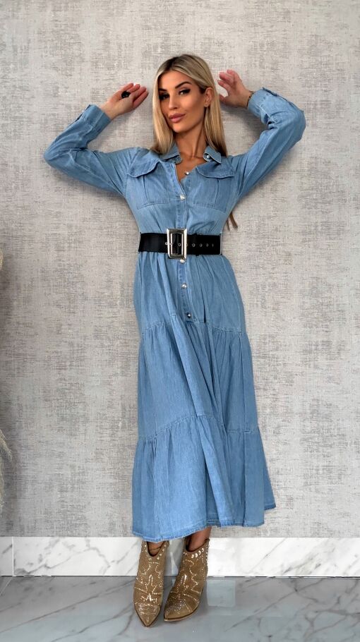 Miękka MAXI sukienka jeansowa z czarnym paskiem - P711