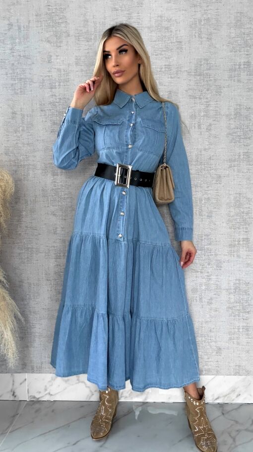 Miękka MAXI sukienka jeansowa z czarnym paskiem - P711