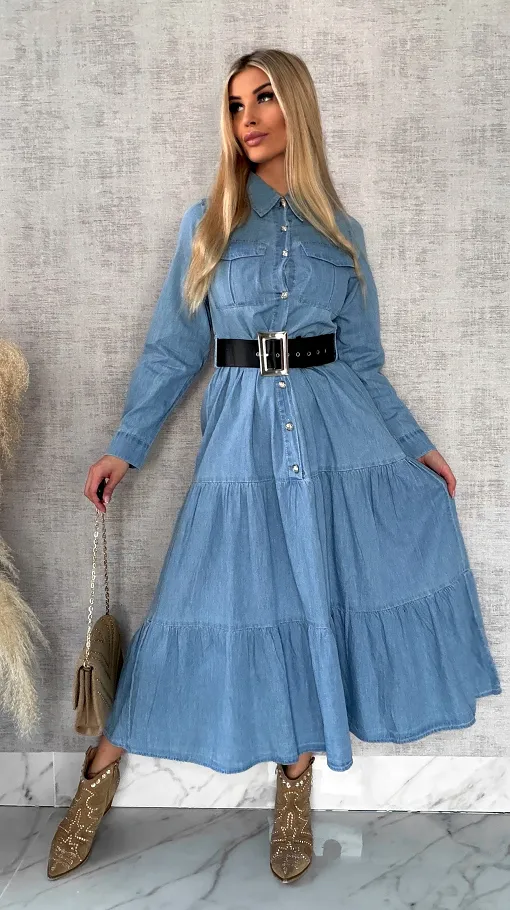 Miękka MAXI sukienka jeansowa z czarnym paskiem - P711