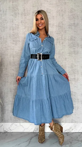 Miękka MAXI sukienka jeansowa z czarnym paskiem - P711