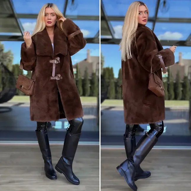 Oryginalne czekoladowe futro OVERSIZE zapinane na paski - R119A