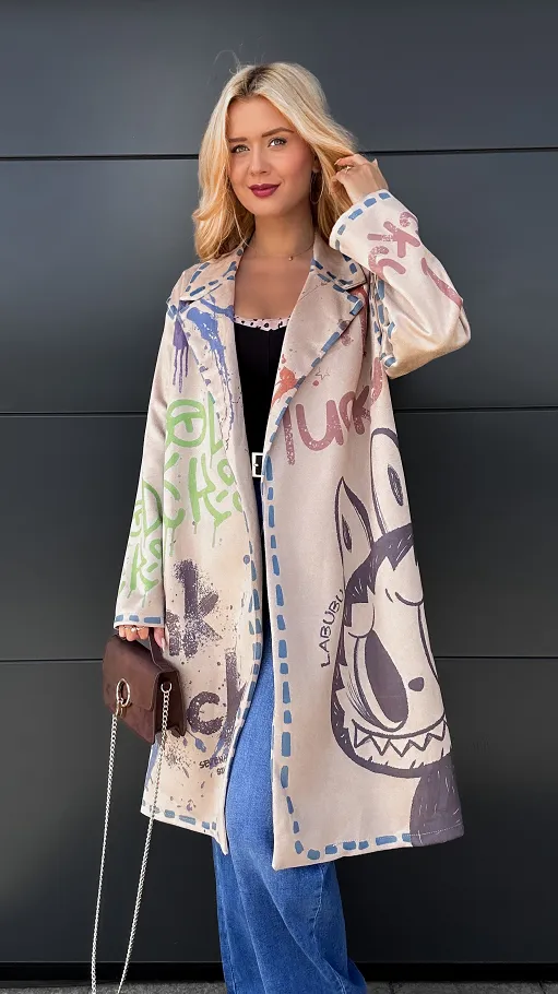 Lekki maxi płaszcz z eko ZAMSZU z bajkowym motywem ONE SIZE - R030