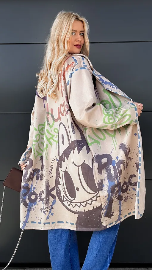 Lekki maxi płaszcz z eko ZAMSZU z bajkowym motywem ONE SIZE - R030