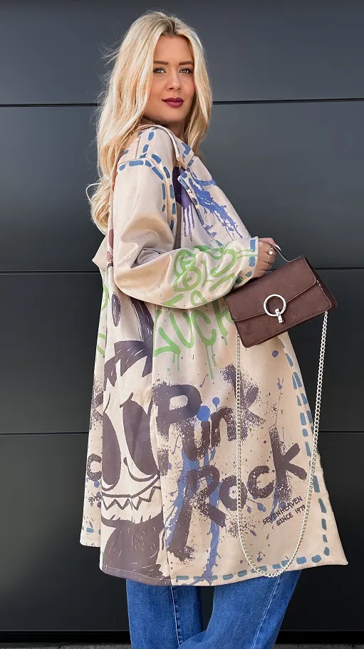 Lekki maxi płaszcz z eko ZAMSZU z bajkowym motywem ONE SIZE - R030