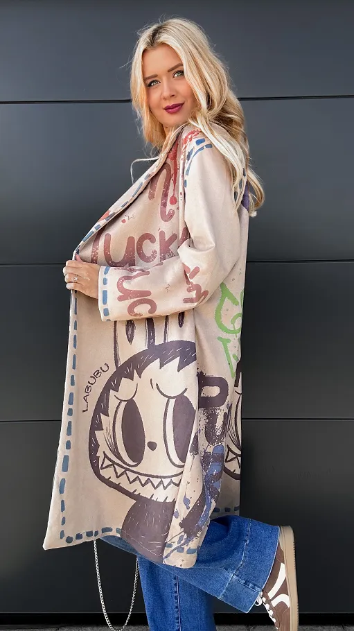 Lekki maxi płaszcz z eko ZAMSZU z bajkowym motywem ONE SIZE - R030