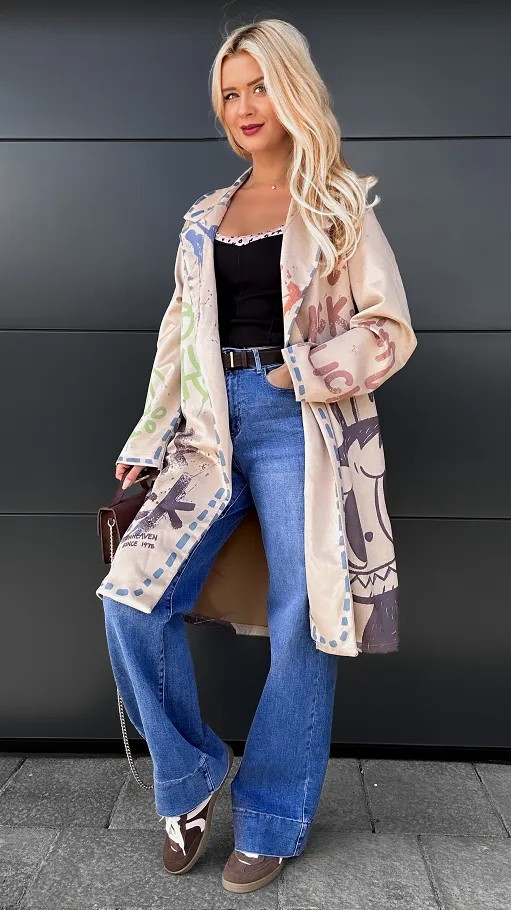 Lekki maxi płaszcz z eko ZAMSZU z bajkowym motywem ONE SIZE - R030