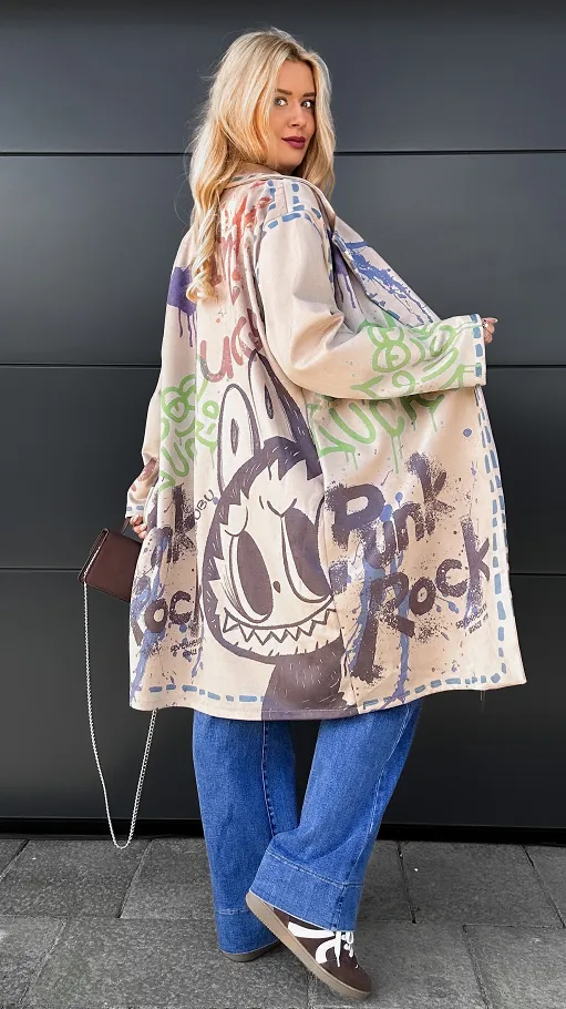 Lekki maxi płaszcz z eko ZAMSZU z bajkowym motywem ONE SIZE - R030