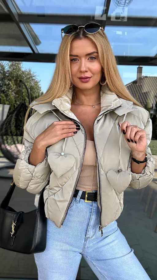 Beżowa kurtka na zimę pikowana w romby MAT połyskujący - N760A