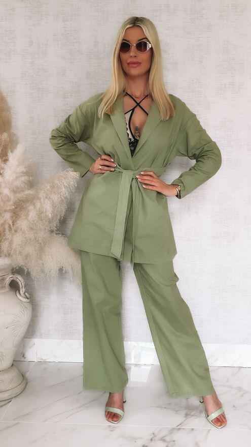Elegancki komplet KHAKI marynarka + spodnie BAWEŁNA - M851A