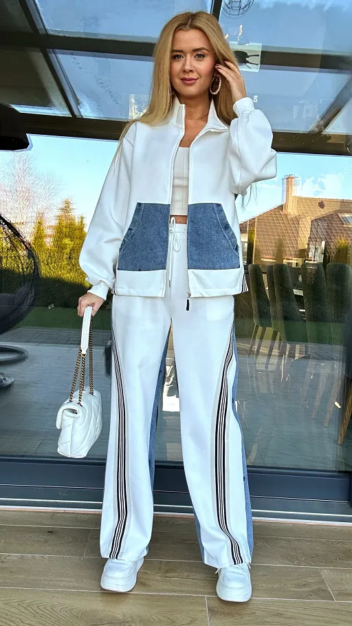 Cudowny biały komplet z jeansowymi elementami ONE SIZE - P960A