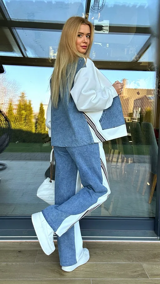 Cudowny biały komplet z jeansowymi elementami ONE SIZE - P960A