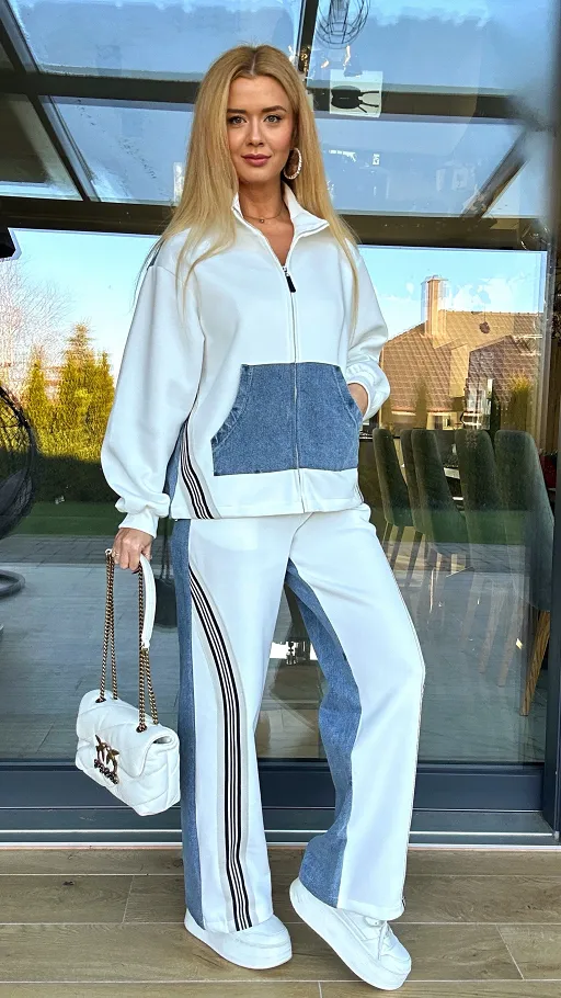 Cudowny biały komplet z jeansowymi elementami ONE SIZE - P960A