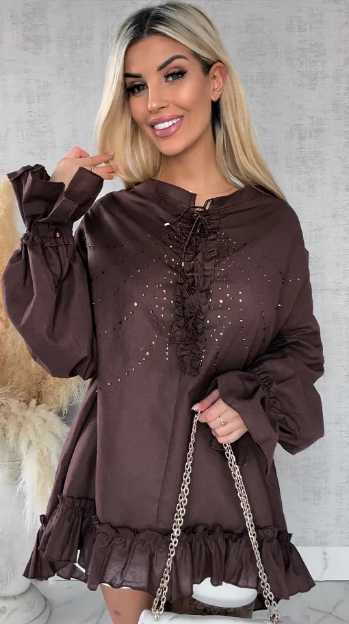 Luźna czekoladowa bluzka koszulowa BOHO w cyrkonie ONE SIZE - R506