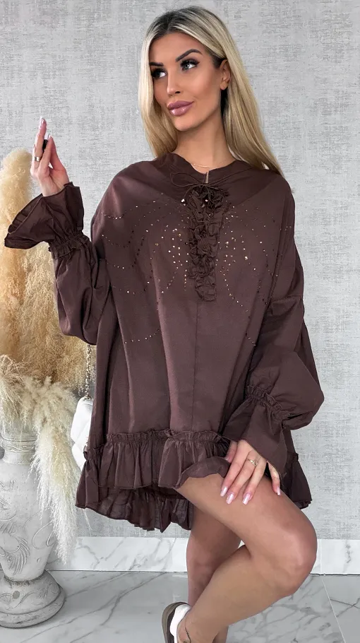 Luźna czekoladowa bluzka koszulowa BOHO w cyrkonie ONE SIZE - R506