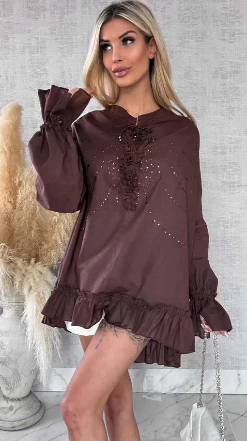 Luźna czekoladowa bluzka koszulowa BOHO w cyrkonie ONE SIZE - R506