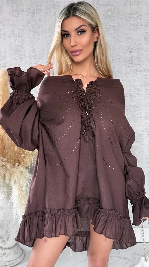 Luźna czekoladowa bluzka koszulowa BOHO w cyrkonie ONE SIZE - R506
