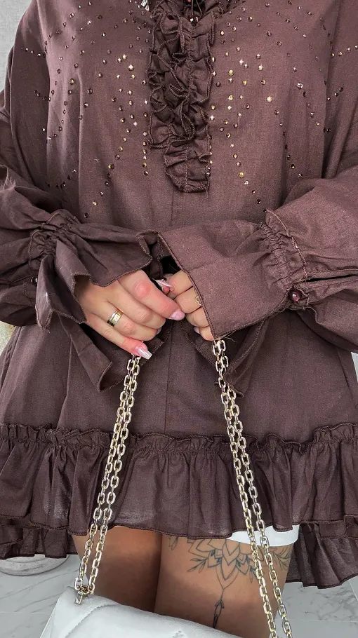 Luźna czekoladowa bluzka koszulowa BOHO w cyrkonie ONE SIZE - R506