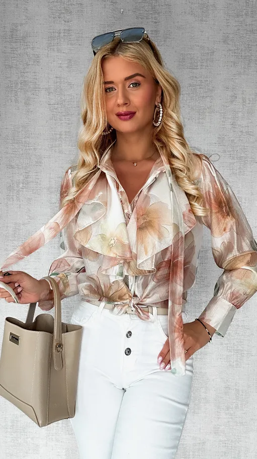 Koszula MGIEŁKA w malowane beżowe kwiaty ONE SIZE - P433