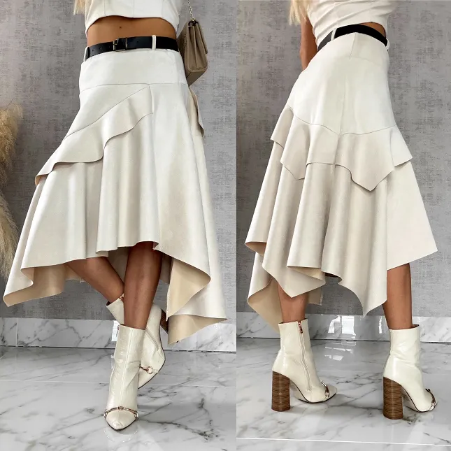 Asymetryczna elegancka spódnica zamszowa ONE SIZE ecru - R520A