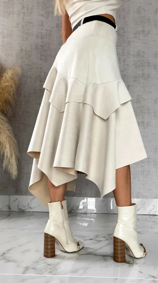Asymetryczna elegancka spódnica zamszowa ONE SIZE ecru - R520A