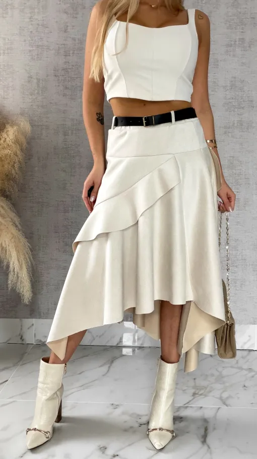 Asymetryczna elegancka spódnica zamszowa ONE SIZE ecru - R520A