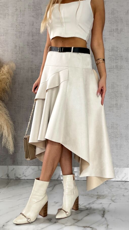 Asymetryczna elegancka spódnica zamszowa ONE SIZE ecru - R520A