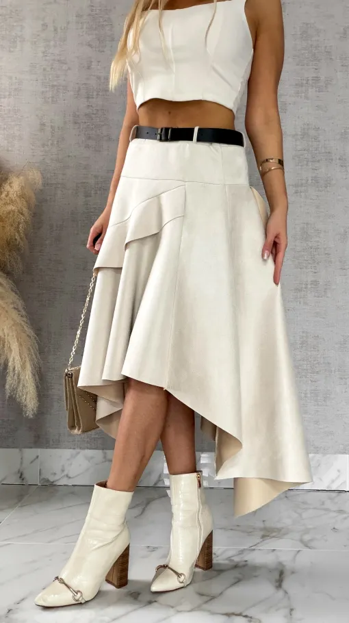 Asymetryczna elegancka spódnica zamszowa ONE SIZE ecru - R520A