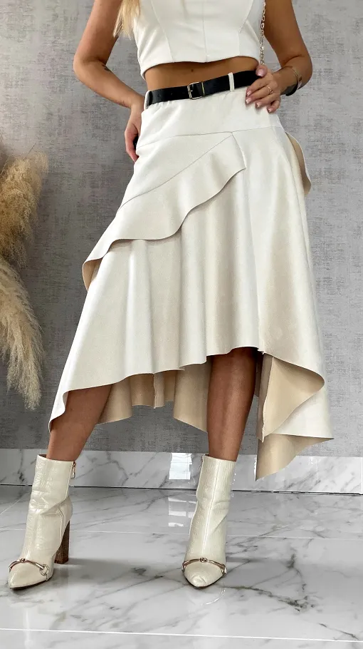 Asymetryczna elegancka spódnica zamszowa ONE SIZE ecru - R520A