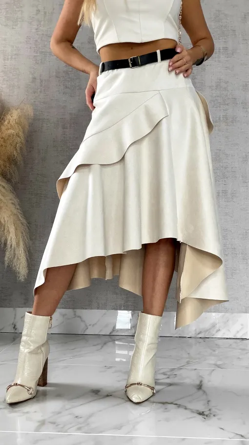 Asymetryczna elegancka spódnica zamszowa ONE SIZE ecru - R520A