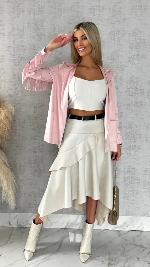 Asymetryczna elegancka spódnica zamszowa ONE SIZE ecru - R520A