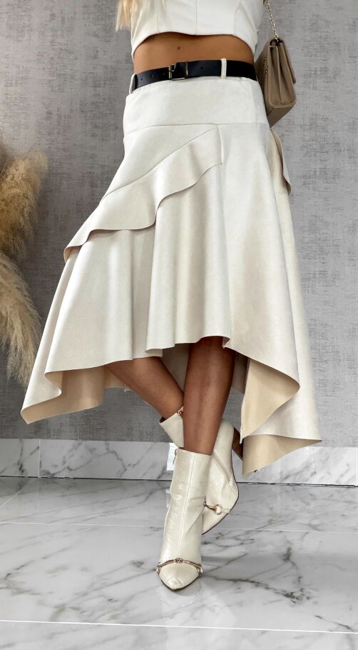 Asymetryczna elegancka spódnica zamszowa ONE SIZE ecru - R520A