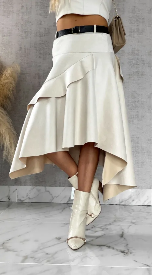 Asymetryczna elegancka spódnica zamszowa ONE SIZE ecru - R520A