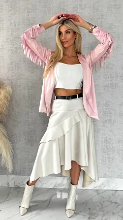 Asymetryczna elegancka spódnica zamszowa ONE SIZE ecru - R520A